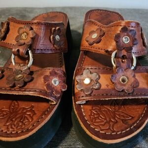 Brown Leather Sandals with Floral Design